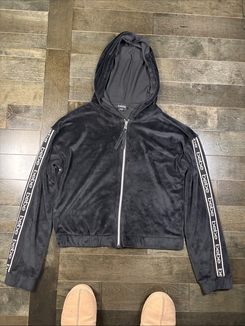 bebe Black Velour Zip Hoodie with Logo Sleeve Tape